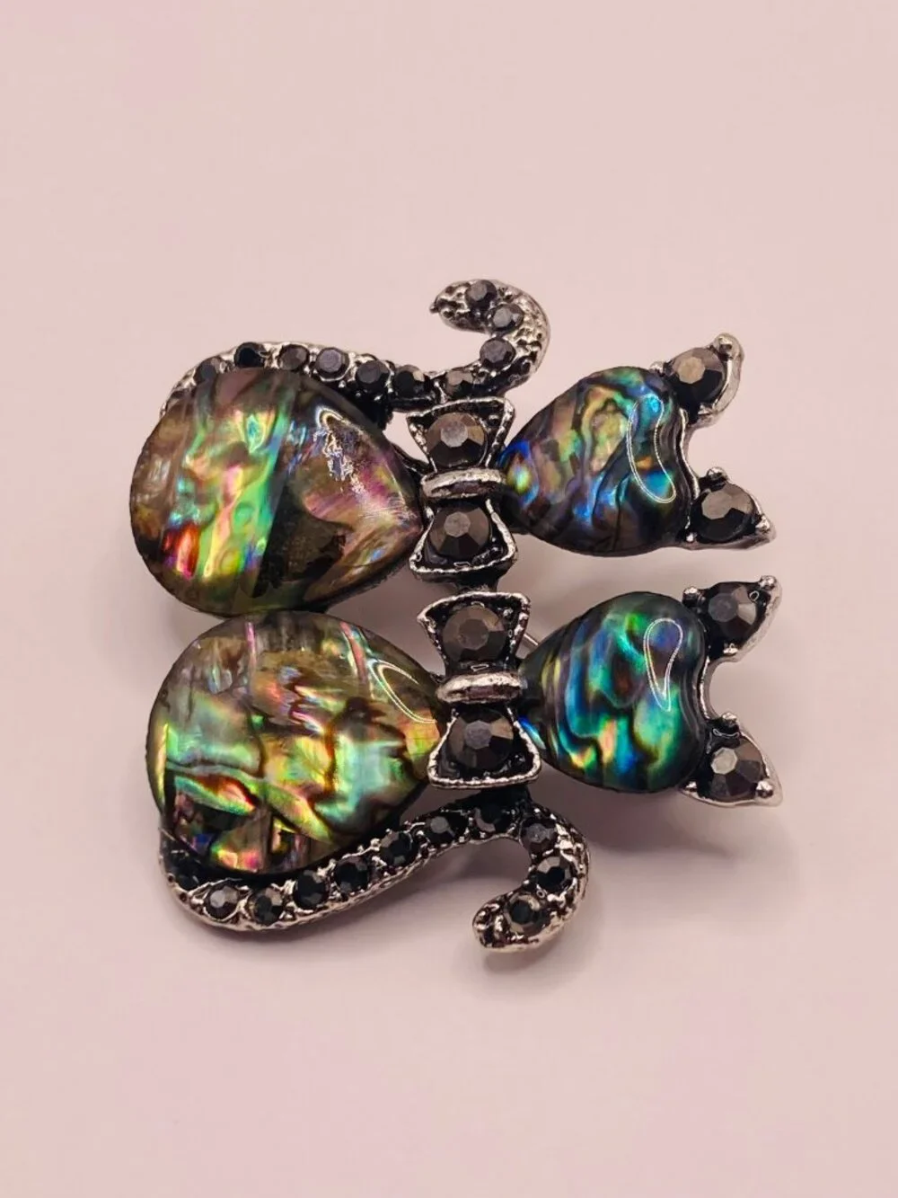 Abalone Shell Twin Cats Brooch Pin Black Rhinestones -24B